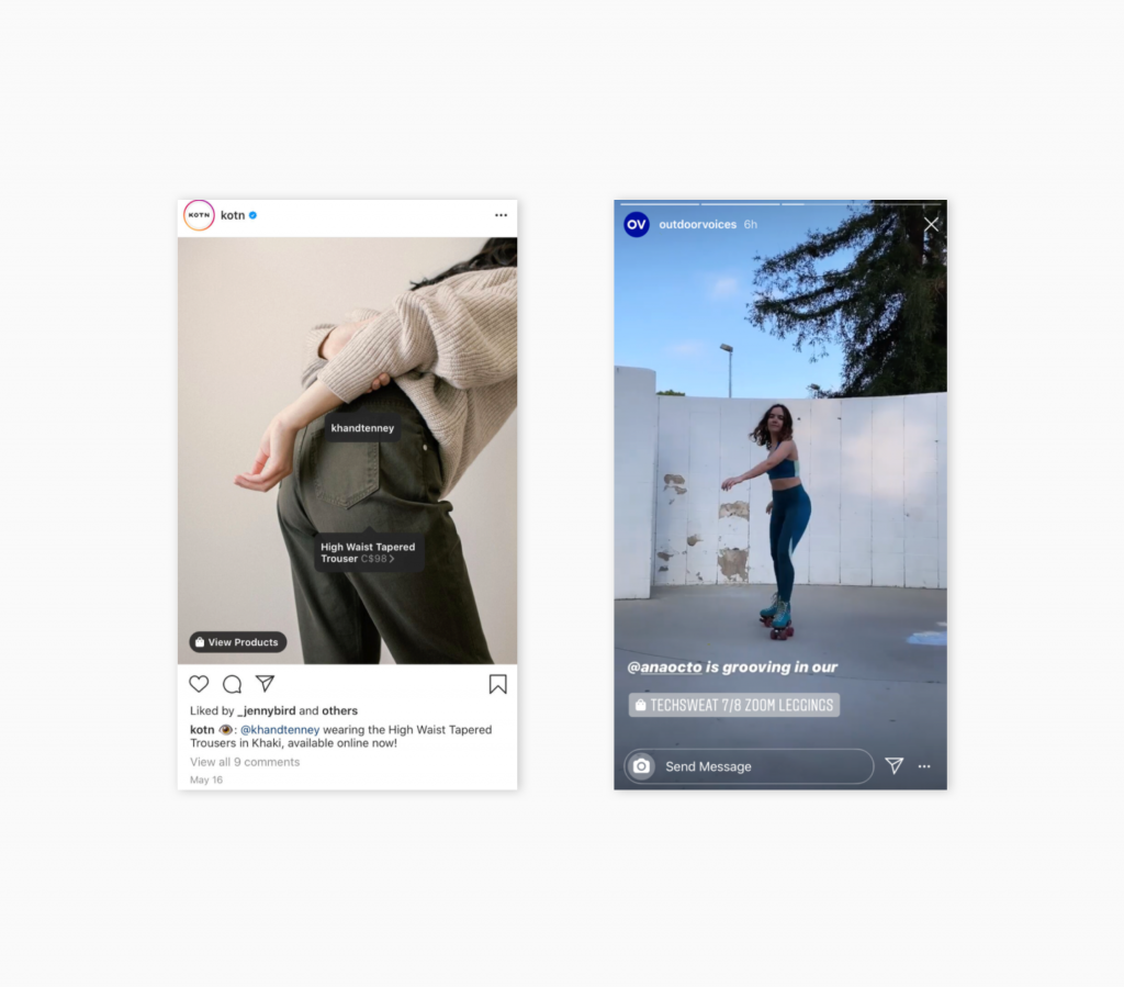 KOTN and Outdoor Voices demonstrate how tagging product in social posts enhances conversion.