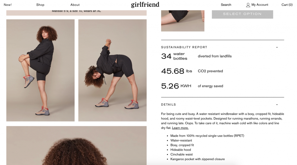 And example of Girlfriend Collective's product description page featuring warm and engaging technical product storytelling 