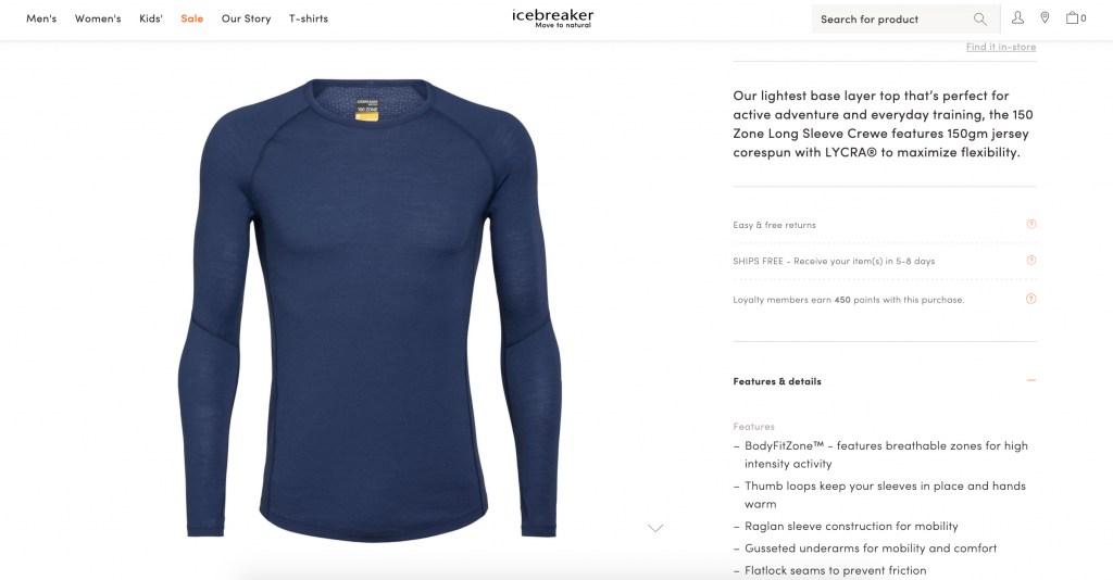 Icebreaker's example of compelling technical product copy on their product description page 