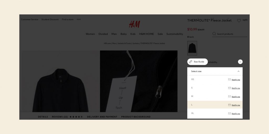 H&M provides an option to be alerted once a piece of clothing comes back in stock