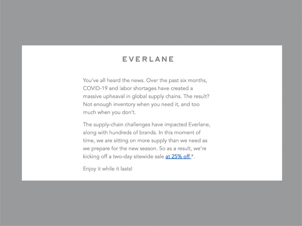 Everlane launches limited-time promotion to sell-through their surplus of old inventory due to the supply chain crisis