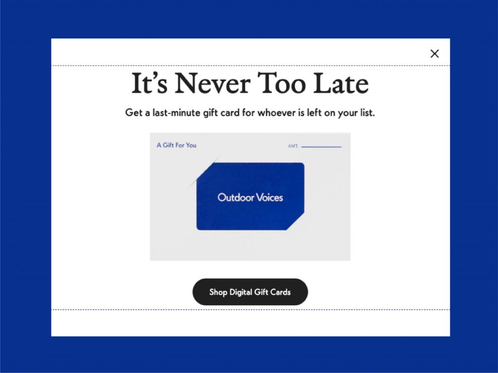 Outdoor Voices pop-up that promotes gift cards during the holiday shopping season