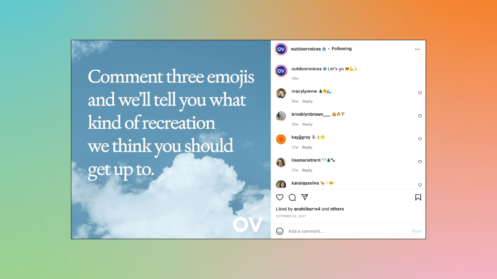 Outdoor Voices Instagram post asking followers to comment with outdoor emojis for advice on how to connect with the outdoors