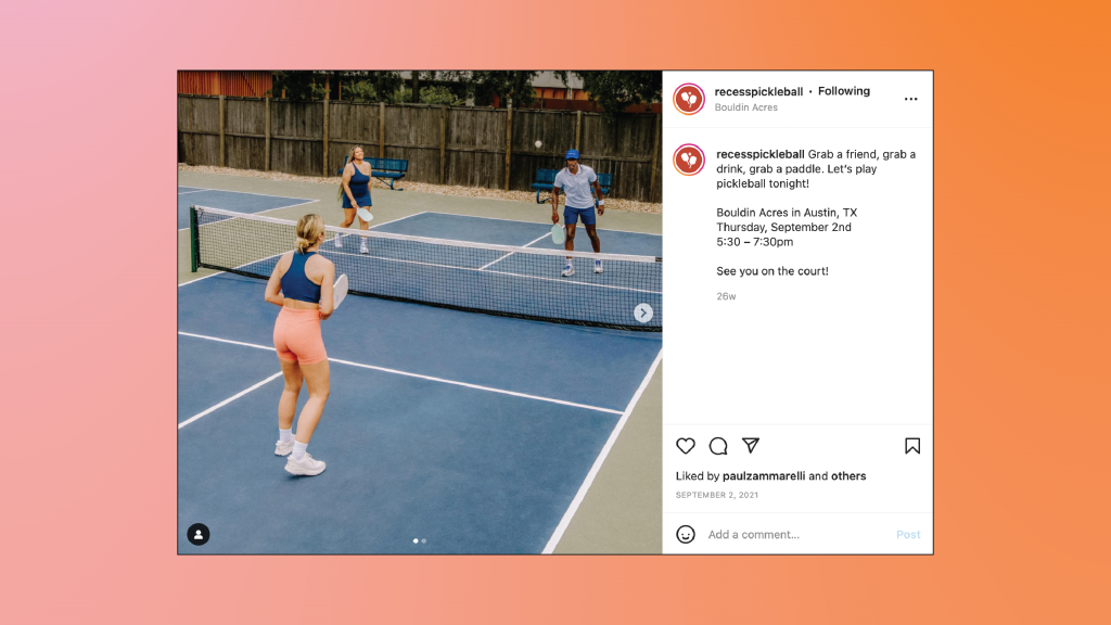 Recess Pickleball Instagram post showcasing inclusive outdoor content