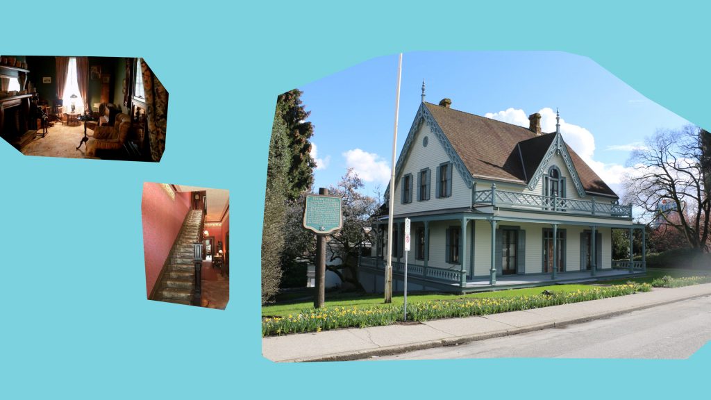 A collage of the victorian inside and outside of Irving House