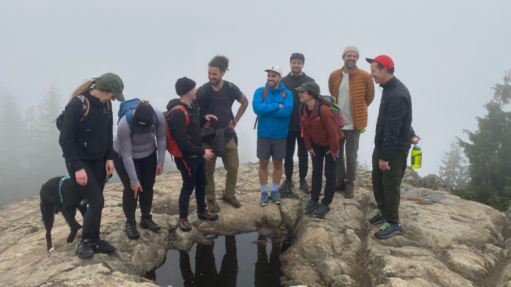 The crew shares some laughs while on the mountain