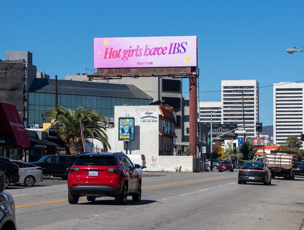 Cars driving by a pink billboard that reads "Hot girls have IBS"